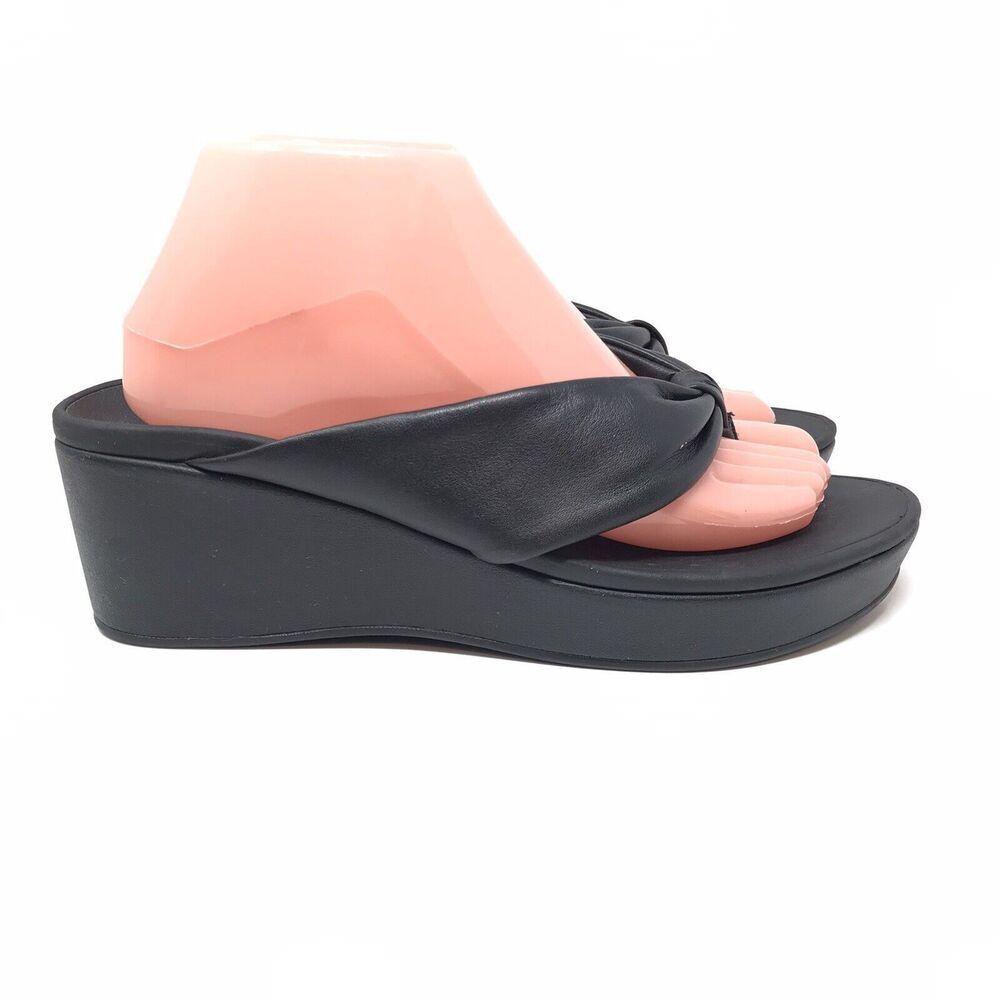 Vionic Arabella Womens Shoes Black Leather Thong Wedge Sandals Size 9 Platform